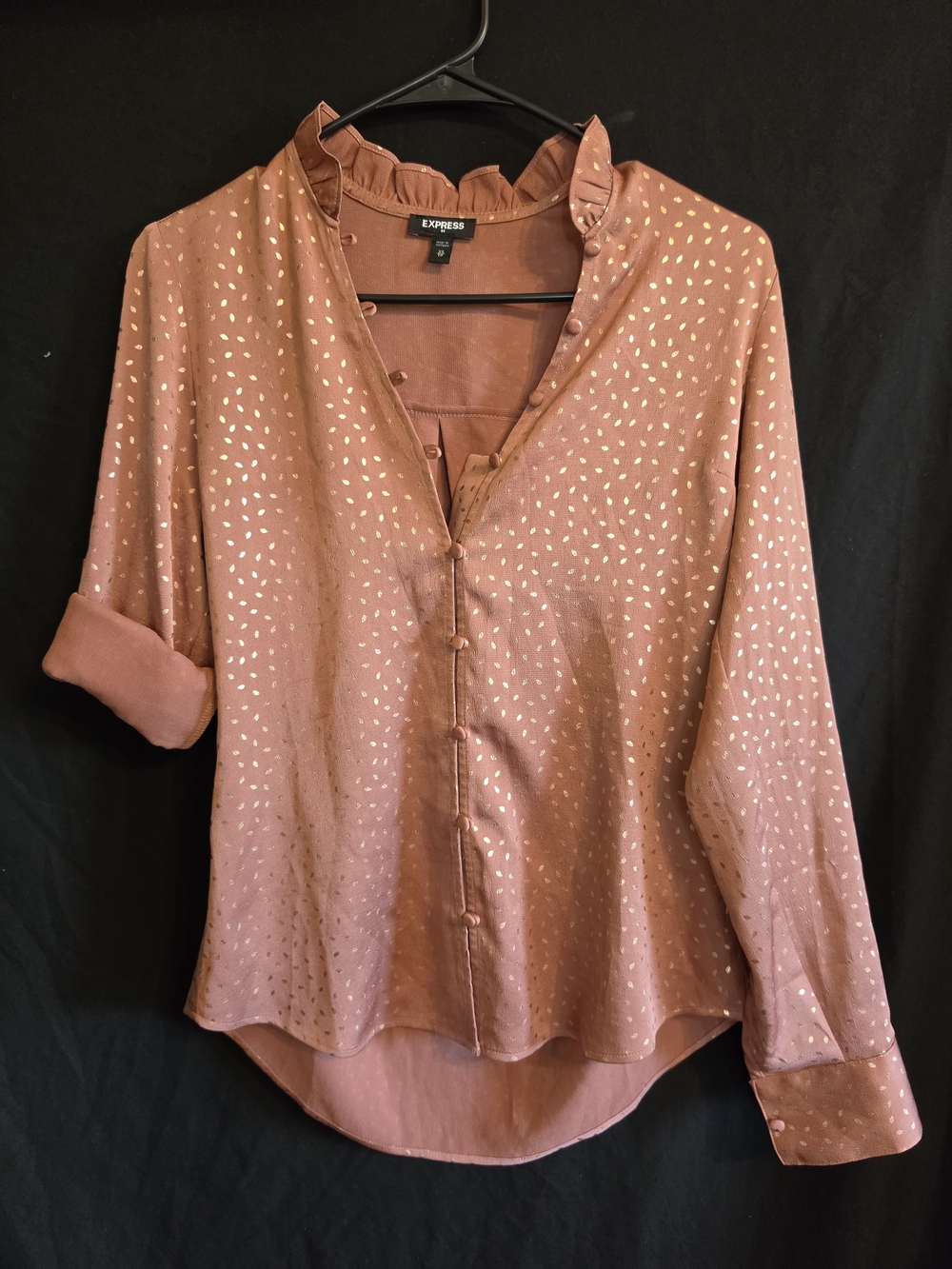 Express Women's Mauve Pink Metallic Dot Ruffle Collar Blouse